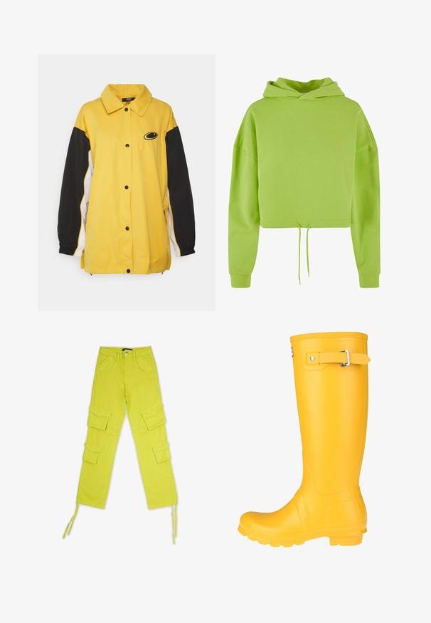Jaded London OVERSIZED TRACK JACKET - Tréningová bunda - yellow; Strihnutá mikina v živej limetkovej fleece farbe, s kapucňou, spustenými ramenami a šnúrkou na leme. Mäkká, hladká textúra.; Cargo nohavicové v jasnej neonovej žltej farbe, s viacerými vreckami na klapku, gombíkovým zapínaním a nastaviteľnými viazaniami na členkoch. Vyrobené z odolnej látky.; Žlté gumenné dáždniky s hladkým povrchom, nastaviteľným popruhom s prackou a štruktúrovanou podrážkou pre lepšiu priľnavosť. Vysoký dizajn, zaoblená špička a bezšvové telo.