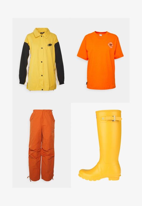 Jaded London OVERSIZED TRACK JACKET - Trainingsvest - yellow; Oranje katoenen t-shirt met korte mouwen, ronde hals en een circulair grafisch ontwerp gedrukt op de linkerborst. Voorzien van een zijlabel.; WRSTBHVR ZERA PANTS EXCLUSIVE WOMEN - Broek - brown; Geel rubberen regenlaars met een gladde oppervlakte, verstelbare gesp, en een gestructureerde zool voor grip. Hoge ontwerp, ronde neus en naadloze body.