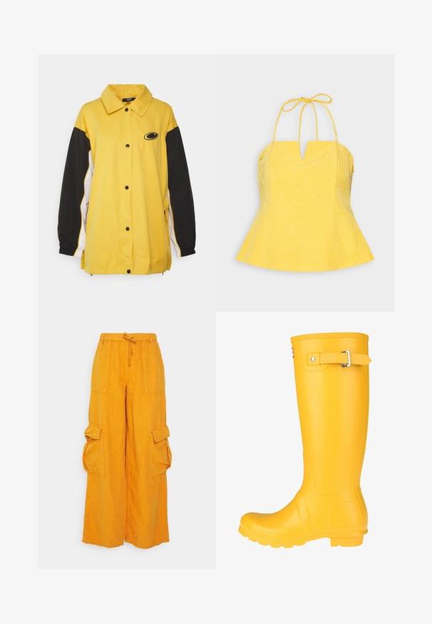 Jaded London OVERSIZED TRACK JACKET - Træningsjakke - yellow; Gestuz DANIGZ CORSAGE - Top - kumquat; BDG Urban Outfitters BDG LUCA - Cargobukser - orange; Gul gummistøvle med en glat overflade, justerbar spænde, og tekstureret sål for bedre greb. Høj design, rund tå, og sømløs krop.