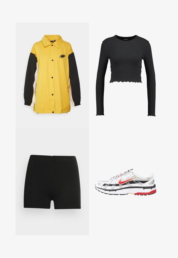 Jaded London OVERSIZED TRACK JACKET - Spordijakk - yellow; Must mustriga pikkade varrukatega lühike topp musta värvi, ümmarguse kaeluse ja lainelise äärisega. Valmistatud venivast materjalist, mis tagab püsiva sobivuse.; Mustast puuvillast lühikesed püksid, millel on sobiv disain ja elastne vöökoht. Sile tekstuur, reie keskosa pikkus ja ilma nähtavate mustrite või aktsentideta.; Valged ja mustad sportlikud jalanõud punaste ja kuldsete akcentidega. Omavad võrgusilma ülemist osa, pehmendatud tallat ja kindlat paelaga kinnitust.