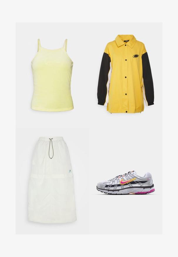 Jaded London OVERSIZED TRACK JACKET - Μπουφάν προπόνησης - yellow; Κίτρινο αμάνικο μπλουζάκι με απαλή υφή, διαθέτοντας λεπτές τιράντες και μια διακριτική κεντημένη σχεδίαση μπροστά.; Μακριά λευκή φούστα από ελαφρύ υλικό. Διαθέτει ελαστική μέση, κορδόνι και ένα μικρό μπλε λογότυπο Nike στο κάτω δεξί μέρος.; Γκρι διχτυωτό παπούτσι τρεξίματος με χαρακτηριστική ροζ και κίτρινη λωρίδα, μαύρες λεπτομέρειες και υφασμάτινη λαστιχένια σόλα. Διαθέτει ενισχυμένη μύτη και επενδεδυμένο κολάρο.