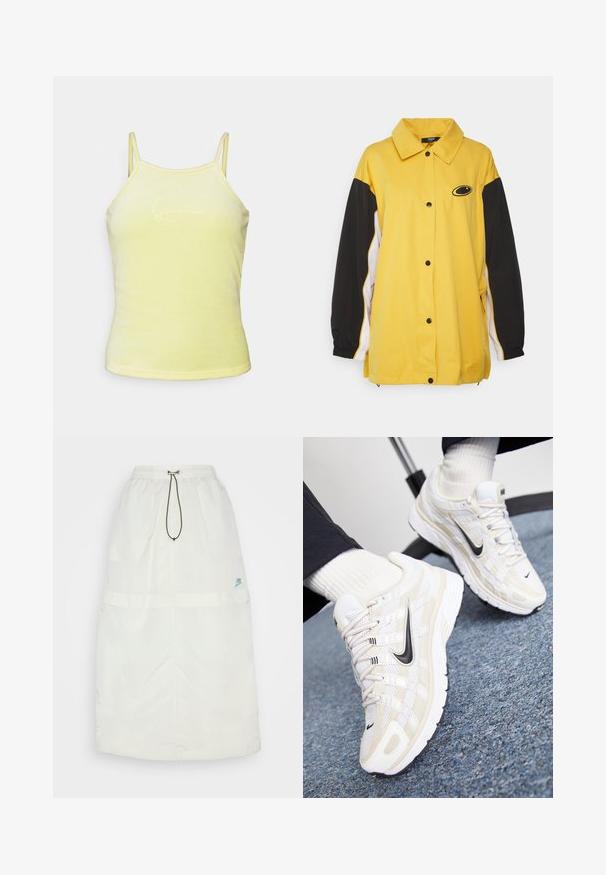 Jaded London OVERSIZED TRACK JACKET - Veste de survêtement - yellow; Débardeur jaune sans manches avec une texture douce, présentant des bretelles fines et un design brodé subtil sur le devant.; Jupe longue blanche en matériau léger. Elle possède une taille élastique, un cordon de serrage et un petit logo Nike bleu en bas à droite.; Des baskets Nike blanches et beiges avec une tige en mesh, un revêtement texturé, un swoosh noir et une semelle rembourrée avec une semelle extérieure antidérapante.