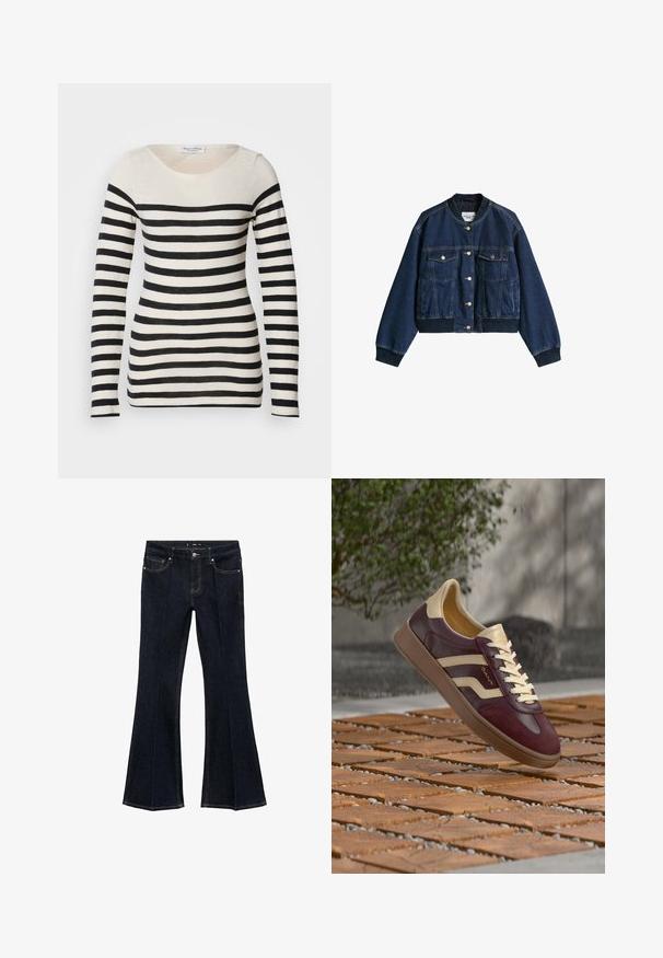 Dunkelblaue Jeansjacke mit Knopfleiste, zwei Klapp-Brusttaschen, geripptem Kragen, Bündchen und Taillenbund.; Gestreiftes Langarmshirt in Beige und Schwarz. Mit einem runden Ausschnitt und horizontalen Streifen in unterschiedlichen Breiten. Weiche Stofftextur.; Dunkelblaue Jeans mit hoher Taille, vorderen Taschen und weit ausgeschnittenen Beinen, flach auf einem weißen Hintergrund ausgestellt.; Burgunderfarbener und beiger Ledersneaker mit cremefarbenen Schnürsenkeln und einer Gummisohle, der über einem gefliesten Holz- und Kiesboden im Freien schwebt.