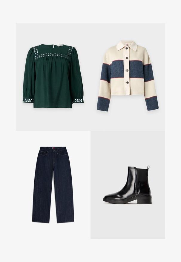 Chaqueta corta con botones en crema y azul marino, con audaces rayas horizontales y una textura suave. Cuello clásico y cinco botones en la parte delantera.; Blusa verde oscuro con mangas largas abullonadas, tejido texturizado y recortes decorativos en el canesú y los puños. Cierre trasero con abertura en forma de llave.; Jeans de pierna ancha de talle alto en azul oscuro, con bolsillos delanteros, trabillas para cinturón y cierre de botón, con un pequeño logo en el bolsillo delantero.; Botín de cuero negro brillante con panel lateral elástico, tirador en el talón y tacón bajo cuadrado sobre un fondo claro y liso.