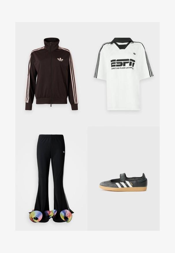 Sort lynlåstrøje med lyserøde tre striber på ærmerne og lyserødt Adidas trebladet logo på venstre bryst, ståkrave, forlommer.; Hvid skjorte med korte ærmer med en sort krave, tre sorte striber på ærmerne og fed sort tekst, der lyder "ESPN" og "HER ER INGEN STED SOM SPOTS."; Sorte træningsbukser med en bred flared design. Har farverige, flæset nederste kanter og hvide sidelister. Lavet af strækstof.; Sort læder- og ruskinds sneakers med en Velcro-rem, der har tre hvide striber og en gummisål, mærket "SAMBA" på siden.