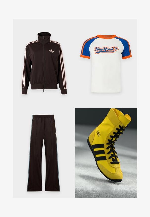 Sort lynlåstrøje med lyserøde tre striber på ærmerne og lyserødt Adidas trebladet logo på venstre bryst, ståkrave, forlommer.; Hvid T-shirt med korte ærmer, blå raglanærmer og orange detaljer, med et "NewYork"-motiv i stiliseret bogstavdesign på forsiden.; Sorte løse bukser med lyseblå sidelommer, elastisk talje, lynlås på lommerne og Adidas-logo på venstre hofte.; Høje sneakers lavet af gult syntetisk materiale, der har sorte snørebånd, tre sorte striber og branding på siden. Struktureret gummisål.