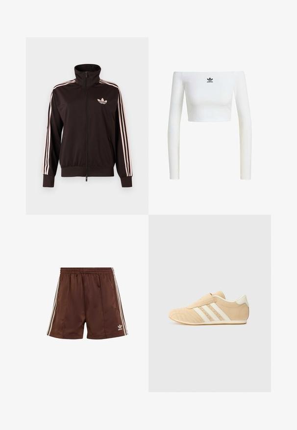 Chaqueta deportiva negra con cremallera, con tres franjas rosas en las mangas y el logo trébol de Adidas en rosa en el pecho izquierdo, cuello alto y bolsillos delanteros.; Top corto blanco sin hombros en tejido acanalado, con mangas largas y un pequeño logo negro de Adidas en la parte frontal.; Pantalones cortos deportivos marrones hechos de una tela suave con un corte relajado, que presentan franjas laterales blancas y un logo bordado en el bajo izquierdo.; Zapatillas deportivas en tono marrón y crema con un acabado de cuero suave, tres rayas blancas en el lateral y una puntera redondeada. Parte superior texturizada con perforaciones.