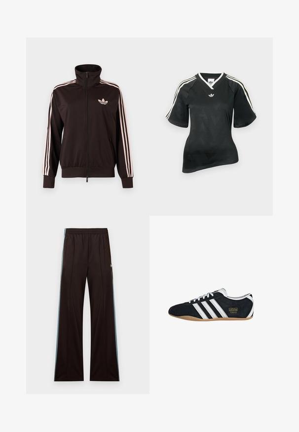 Mustast lukuga spordijakk roosade kolmekordsete triipude ja roosa Adidas kolmelehelogo vasakul rinnal, püstkrae, esitaskud.; Mustast spordipluusist T-särk V-kaelusega, lühikeste varrukatega ja tekstuurse chevron-mustriga. Õlgadel valged kolme triibu aktsendid ja logo.; Mustad laiapõhjalised dressipüksid helesiniste küljeribadega, kummipaelaga vöökohal, tõmblukuga taskute ja Adidas logo vasakul puusal.; Must musta tennisjalanikesed valgete kolme triibuga, kuldse logo ja pruuni kummitaldiga. Omab madalat sidumise disaini.