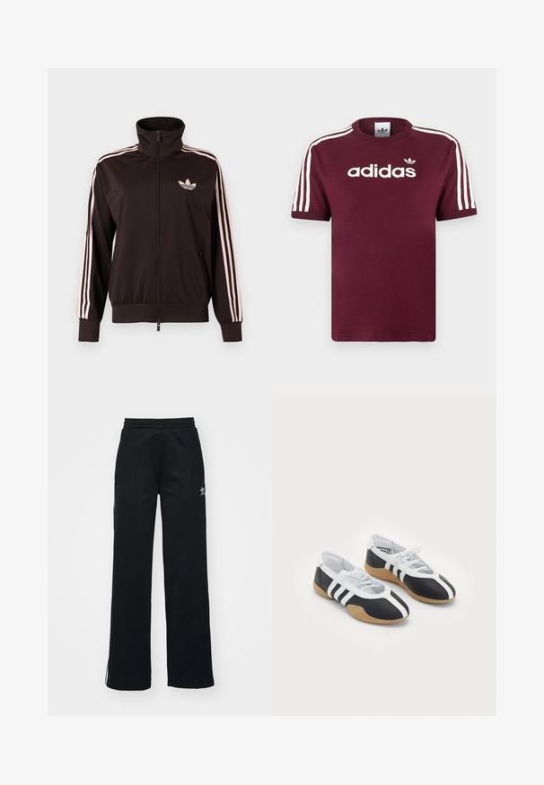 Sort lynlåstrøje med lyserøde tre striber på ærmerne og lyserødt Adidas trebladet logo på venstre bryst, ståkrave, forlommer.; Mørkerød bomulds T-shirt med hvide stribede ærmer, med "adidas" logo i hvid på brystet og et lille logo ovenover.; Sorte træningsbukser med en afslappet pasform, snoretræk i taljen, sidelommer med lynlås og diskret hvid branding på venstre ben.; Sort-hvide sportsko med et slankt design, gummisål, snørebåndslukning og tre hvide striber på siden.