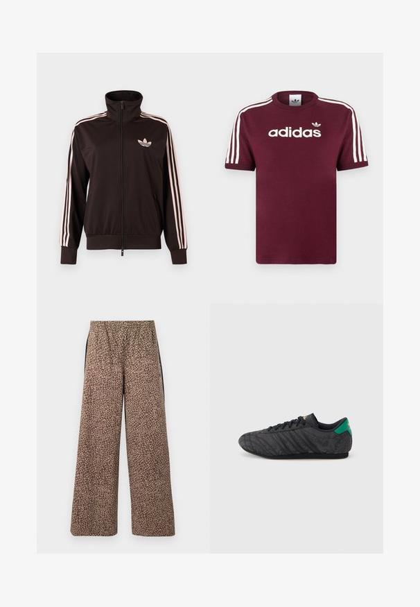 Sort lynlåstrøje med lyserøde tre striber på ærmerne og lyserødt Adidas trebladet logo på venstre bryst, ståkrave, forlommer.; Mørkerød bomulds T-shirt med hvide stribede ærmer, med "adidas" logo i hvid på brystet og et lille logo ovenover.; Brune bukser med vide ben og et beige dyreprintmønster, elastisk linning og kontrasterende sorte sidestriber. Blød stoftekstur.; Sort lavprofil sneaker med subtilt blomsterprint, sorte snørebånd, grøn hælflap og guldlogo på tunge og hæl.