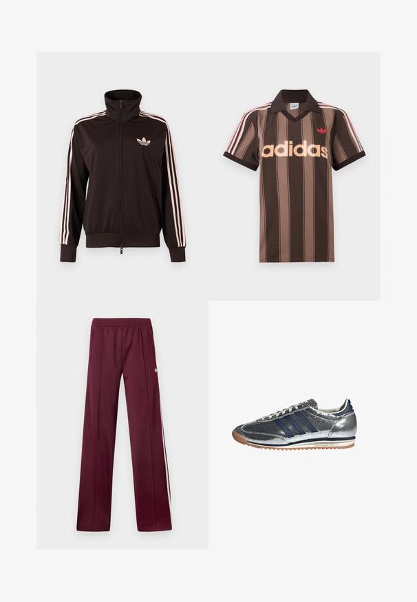 Zwart trainingsjack met rits, voorzien van roze drie gestreepte banen op de mouwen en een roze Adidas trefoil-logo op de linkerborst, opstaande kraag en zakken aan de voorkant.; Bruine gestreepte Adidas polo met V-hals, bordeauxrode kraag en rood logo. Heeft witte en rode schouderstrepen, korte mouwen.; Wijnrode trainingsbroek met elastische tailleband, zijzakken met rits, witte zijstrepen en een klein wit Adidas-logo op de rechterdij.; Zilveren synthetische sneaker met marineblauwe strepen, ronde neus, witte voering en gumzool. Heeft een gestructureerde bovenkant en vetersluiting.