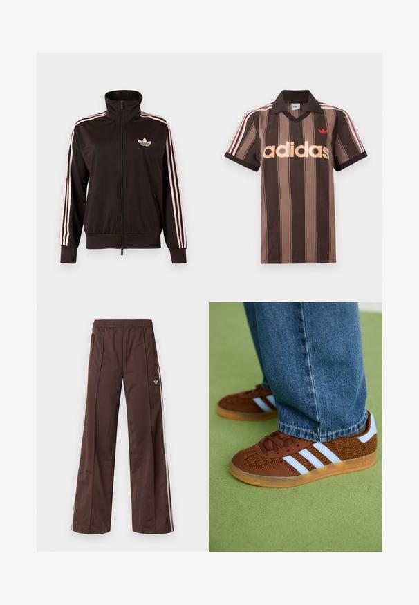 Schwarze Trainingsjacke mit Reißverschluss, rosa dreifache Streifen an den Ärmeln und rosa Adidas-Trefoil-Logo auf der linken Brust, Stehkragen, Vorderentaschen.; Braunes gestreiftes Adidas-Poloshirt mit V-Ausschnitt, bordeauxrotem Kragen und rotem Logo. Mit weißen und roten Schulterstreifen, kurzen Ärmeln.; Braune Sporthose mit weitem Bein, weißen Seitenstreifen, elastischem Bund und zwei Seitentaschen. Mit kleinem Logo am Bein.; Braune Adidas-Sneaker mit weißen Streifen und Gummisohlen, getragen mit blauen Jeans auf grünem Teppich.