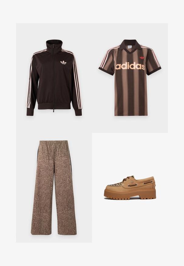 Zwart trainingsjack met rits, voorzien van roze drie gestreepte banen op de mouwen en een roze Adidas trefoil-logo op de linkerborst, opstaande kraag en zakken aan de voorkant.; Bruine gestreepte Adidas polo met V-hals, bordeauxrode kraag en rood logo. Heeft witte en rode schouderstrepen, korte mouwen.; Bruine broek met brede pijpen met een beige dierenprintpatroon, elastische tailleband en contrasterende zwarte zijstrepen. Zachte stoftextuur.; Timberland STONE STREET - Bootschoenen - medium beige