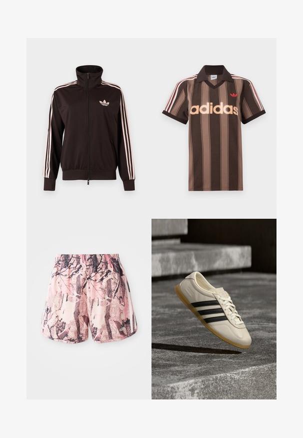 Sort lynlåstrøje med lyserøde tre striber på ærmerne og lyserødt Adidas trebladet logo på venstre bryst, ståkrave, forlommer.; Brunstribet Adidas polo-shirt med V-hals, bordeaux krave og rødt logo. Har hvide og røde skulderstriber samt korte ærmer.; Lyserøde og brune mønstrede shorts med elastisk talje og sidebånd, der har et grafisk design, der ligner løv og grene.; Hvid sneaker med sorte striber og gummisål svæver over betontrapper i blødt dagslys.