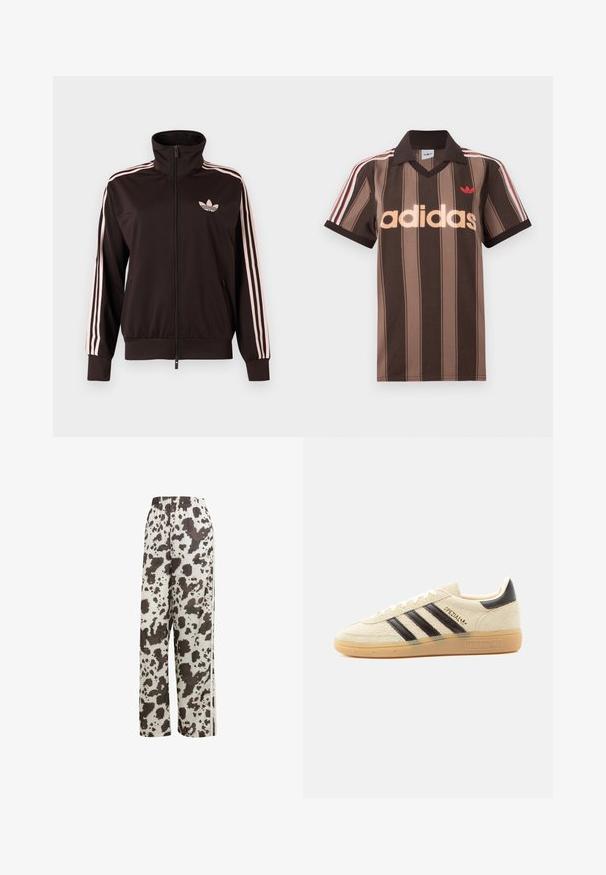 Sort lynlåstrøje med lyserøde tre striber på ærmerne og lyserødt Adidas trebladet logo på venstre bryst, ståkrave, forlommer.; Brunstribet Adidas polo-shirt med V-hals, bordeaux krave og rødt logo. Har hvide og røde skulderstriber samt korte ærmer.; adidas Originals COW PRINT SATIN WIDE LEG - Træningsbukser - multicolor off white; Kremfarvet ruskindssneaker med sorte striber, gummisål, sort hælstrop og gyldent "SPEZIAL"-tekst på siden.