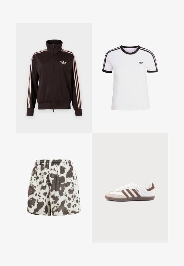 Sort lynlåstrøje med lyserøde tre striber på ærmerne og lyserødt Adidas trebladet logo på venstre bryst, ståkrave, forlommer.; Hvid kortærmet t-shirt med sorte detaljer, der har rund halsudskæring og tre sorte striber på hver skulder. Lille sort logo på brystet.; Hvide shorts med elastisk talje og løs pasform med uregelmæssigt mørkebrunt ko-mønster.; Hvid Adidas Samba sneaker med brune ruskindstriber, brun gummisål og beige ruskindståhætte, vist fra ydersiden på en ensfarvet baggrund.