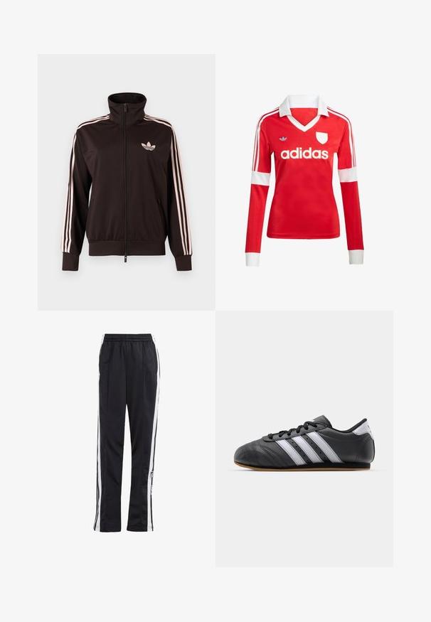 Mustast lukuga spordijakk roosade kolmekordsete triipude ja roosa Adidas kolmelehelogo vasakul rinnal, püstkrae, esitaskud.; Punane pikade varrukatega jalgpallipluus valge krae ja varrukateotstega. Omab kolme valget triipu õlgadel ja väljapaistvat "adidas" logo.; Mustad mustreid püksid valgete külgede triipudega, elastse vöökohtaga ja logo plaastriga. Valmistatud siledast, kergekaalusest kangast. Sirge sääre disain.; Must must harjukets, millel on valged triibud, ümmargune varvas, lame tall ja shoelace sulgemine. Omab perforatsioone hingavuse tagamiseks.