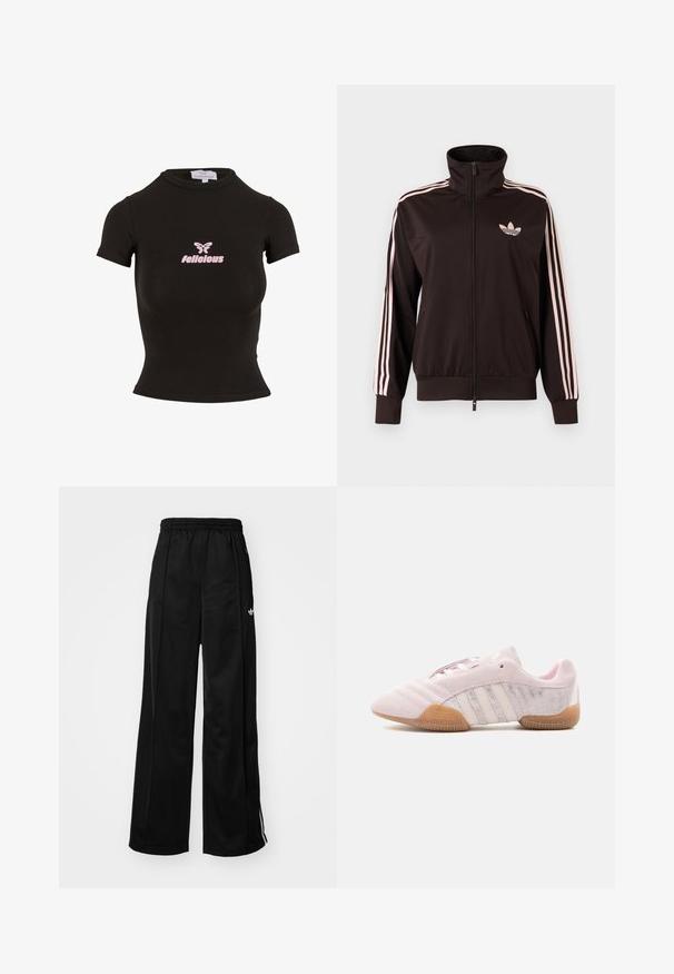 Veste de survêtement zippée noire avec trois bandes roses sur les manches et logo trèfle Adidas rose sur la poitrine gauche, col montant, poches avant.; Top court noir à manches courtes fabriqué dans un matériau extensible. Présente un logo "felicious" rose et un graphique de papillon sur le devant.; Pantalons de survêtement larges noirs avec une taille élastique, ornés de bandes latérales blanches et d'un petit logo sur la hanche gauche. Texture de tissu lisse.; Baskets en daim rose clair avec des bandes blanches, semelle en gomme et panneaux latéraux texturés, présentées de l'intérieur sur fond blanc.