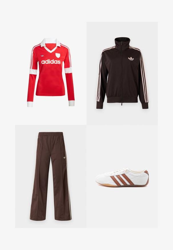 Chaqueta deportiva negra con cremallera, con tres franjas rosas en las mangas y el logo trébol de Adidas en rosa en el pecho izquierdo, cuello alto y bolsillos delanteros.; Camiseta de fútbol de manga larga roja con un cuello y puños blancos. Presenta tres rayas blancas en los hombros y el logotipo de "adidas" en un lugar destacado.; Pantalones deportivos marrones con diseño de pierna ancha, franjas laterales blancas, cintura elástica y dos bolsillos laterales. Presentan un pequeño logo en la pierna.; Zapatilla blanca de corte bajo con franjas de cuero marrón, cierre de cordones y suela de goma color caramelo, mostrada desde el lado interior sobre un fondo blanco.