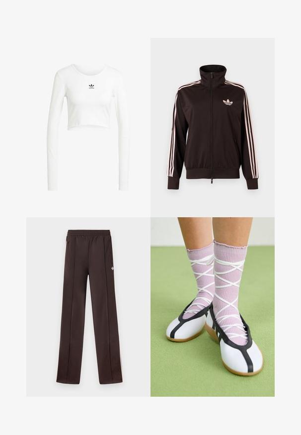 Zwart trainingsjack met rits, voorzien van roze drie gestreepte banen op de mouwen en een roze Adidas trefoil-logo op de linkerborst, opstaande kraag en zakken aan de voorkant.; Witte, korte lange mouw shirt van ribstof katoen. Heeft een ronde hals en een klein zwart Adidas-logo op de borst.; Donkerbruine Adidas trainingsbroek met elastische taille, zijritszakken en een klein wit Trefoil-logo op de rechterdij.; Benen met geribbelde lavendelkleurige sokken met witte kruisbanden, gecombineerd met witte ballerina's met zwarte bies op een groene vloer.