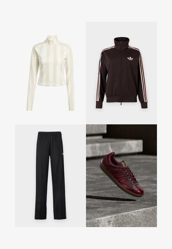 Schwarze Trainingsjacke mit Reißverschluss, rosa dreifache Streifen an den Ärmeln und rosa Adidas-Trefoil-Logo auf der linken Brust, Stehkragen, Vorderentaschen.; Weißes langärmliges Zip-Up-Oberteil mit hohem Kragen, das dezente vertikale Streifen und Logo-Akzente auf der Brust und dem Ärmeln aufweist. Weiche Stoffstruktur.; Schwarze sportliche Jogginghosen mit elastischem Bund, seitlichen Reißverschlusstaschen, weißen Streifen an den unteren Beinen und einem kleinen weißen Logo an der Seite.; Bordeauxroter Ledersneaker mit drei dunklen Streifen, goldenen Schriftzügen, strukturierter Sohle und glatter Oberfläche. Erhöht vor einem Betonhintergrund präsentiert.