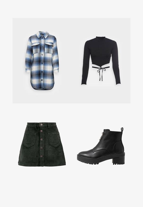Modrá a biela kockovaná košeľa s bundou, ktorá má zapínanie na gombíky, dve náprsné vrecká, golierový výstrih a zakrivený lem.; Even&Odd by Zalando Top s dlhým rukávom - black; ONLY ONLAMAZING GLOBAL - Minisukňa - green gables; Čierna kožená členková topánka so bočným zipsom, masívnym čiernym podpätkom a textúrovanou podrážkou pre lepšiu trakciu. Hladký povrch s minimálnymi akcentmi.