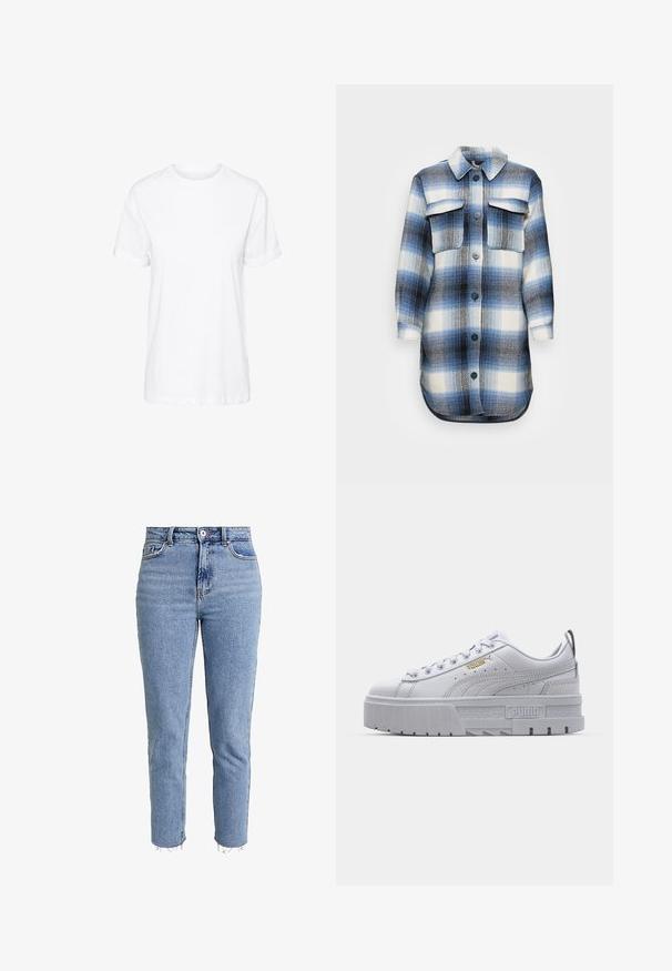 Veste à carreaux bleus et blancs, avec un devant à boutons, deux poches poitrine, un col et un ourlet arrondi.; T-shirt en coton blanc avec des manches courtes, un col rond et une coupe décontractée, offrant une texture lisse et sans motifs visibles.; Jean taille haute bleu clair en denim, avec une coupe droite, un ourlet effiloché et un design minimaliste sans ornements.; Baskets plateformes blanches avec une tige en cuir lisse, un col rembourré, une semelle en caoutchouc grise et des accents dorés arborant le logo Puma.
