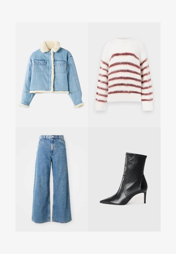 Veste en denim bleu clair avec doublure en sherpa blanche au col, aux poignets, à l'avant et à l'ourlet, dotée d'une fermeture à boutons et de poches à rabat sur la poitrine.; Pull blanc avec des rayures horizontales rouges et roses, fabriqué à partir d'un matériau doux et texturé. Il présente un col rond et des poignets côtelés.; Jean en denim léger bleu clair à taille haute, avec fermeture à boutons et à glissière à l'avant, et poches avant sur fond blanc.; Bottes noires à la cheville en cuir lisse, dotées d'un bout pointu, d'un tige ajustée et d'un talon haut fin. Design minimaliste sans quincaillerie visible.