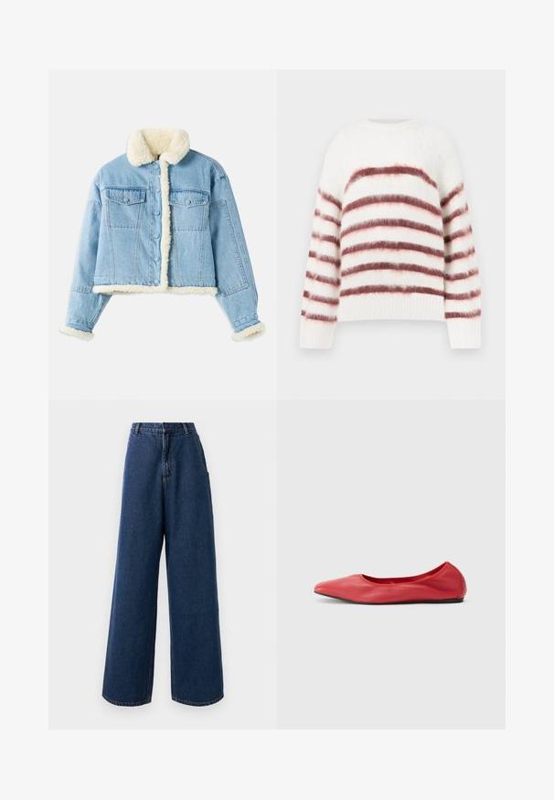 Lichtblauwe denimjack met witte sherpa voering op de kraag, mouwen, voorkant en onderrand, voorzien van knoopsluiting en borstzakken met klep.; Witte trui met horizontale rode en roze strepen, gemaakt van zacht, gestructureerd materiaal. Heeft een ronde halslijn en geribbelde manchetten.; Hoge taille wijde jeans in donkerblauwe denim met een sluiting aan de voorkant met knoop en rits, riemlussen en zijzakken.; Filippa K REY FLATS - Ballerina's - bright red