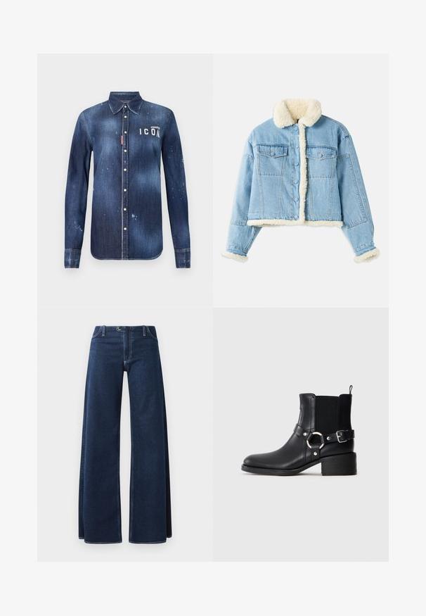 Chaqueta de mezclilla de color azul claro con forro de sherpa blanco en el cuello, los puños, la parte delantera y el dobladillo, con cierre de botones y bolsillos de solapa en el pecho.; Camisa de denim en azul oscuro, con un diseño de botones, desgarros preservados, acentos desgastados y texto blanco "ICON" en el pecho.; Jeans de pierna ancha en azul oscuro con costuras visibles, bolsillos delanteros y cierre de botón. Hechos de una tela de denim resistente.; Botín negro de cuero hasta el tobillo con detalle de hebilla y anillo lateral, panel elástico lateral, tacón bajo en bloque y lengüeta en fondo liso.