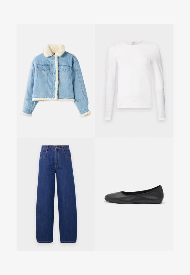 Hellblaue Denimjacke mit weißem Sherpa-Futter am Kragen, an den Manschetten, an der Vorderseite und am Saum. Sie verfügt über eine Knopfverschluss und Brustklappen Taschen.; Weißes Langarm-T-Shirt aus weicher Baumwolle, mit rundem Halsausschnitt und schmalem Schnitt, sauberen Nähten und ohne sichtbare Muster.; Weite blaue Denim-Jeans mit hoher Taille, vorne mit Taschen und orangefarbener Naht. Der Stoff hat eine glatte Textur mit einem klassischen Finish.; Schwarze Leder-Ballettschuhe mit abgerundeter Spitze, glatter Textur, minimalen Nähdetails und einem flexiblen Sohlen-Design.