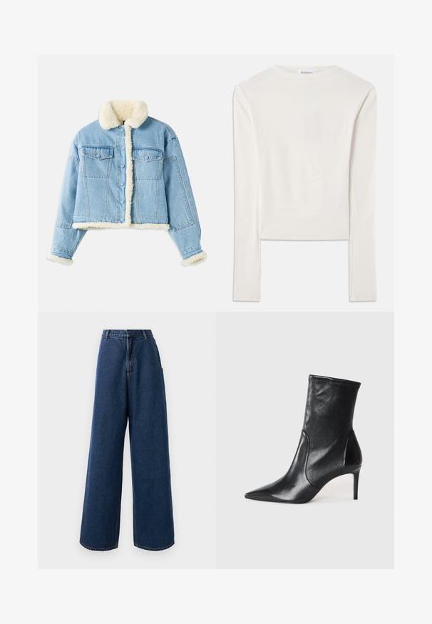 Veste en denim bleu clair avec doublure en sherpa blanche au col, aux poignets, à l'avant et à l'ourlet, dotée d'une fermeture à boutons et de poches à rabat sur la poitrine.; Haut à manches longues blanc en coton, dotée d'un col ras du cou simple et d'une coupe ajustée. Le tissu est lisse avec une légère élasticité.; Jean taille haute à jambes larges en denim bleu foncé avec fermeture à bouton et à zip à l'avant, passants de ceinture et poches latérales.; Bottes noires à la cheville en cuir lisse, dotées d'un bout pointu, d'un tige ajustée et d'un talon haut fin. Design minimaliste sans quincaillerie visible.