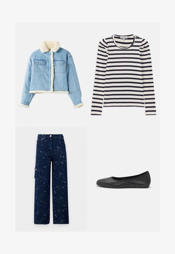Lichtblauwe denimjack met witte sherpa voering op de kraag, mouwen, voorkant en onderrand, voorzien van knoopsluiting en borstzakken met klep.; Langsleeve geribbelde top met horizontale marineblauwe en witte strepen; heeft een ronde halslijn en geplooide details op de schouders.; Donkerblauwe denim cargo broek met een sterrenpatroon, wijde pijpen, voorzakken en een zijzak met knoopsluiting.; Zwarte leren ballerina met een ronde neus, gladde textuur, minimale stikdetails en een flexibele zoolontwerp.