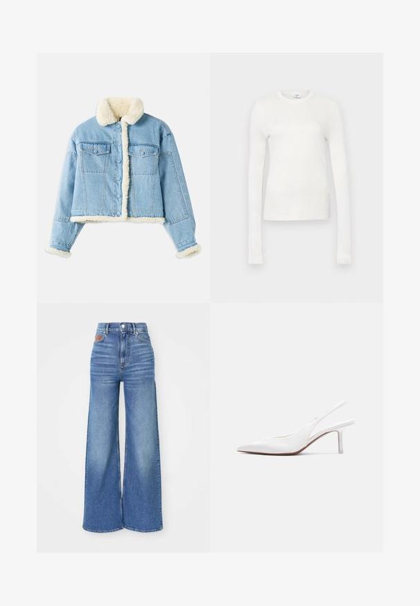Veste en denim bleu clair avec doublure en sherpa blanche au col, aux poignets, à l'avant et à l'ourlet, dotée d'une fermeture à boutons et de poches à rabat sur la poitrine.; T-shirt à manches longues blanc en coton doux. Il présente un col rond, une silhouette ajustée et une texture lisse. Pas de motifs ni d'accents.; Jean taille haute à jambe large en denim bleu clair avec un léger délavage, dotés d'une fermeture à bouton et d'un accent en cuir au niveau de la ceinture arrière.; Chaussure pour femme en cuir blanc avec bride arrière, bout pointu, petit talon kitten bas et petit nœud décoratif sur le dessus, vue de profil latéral.