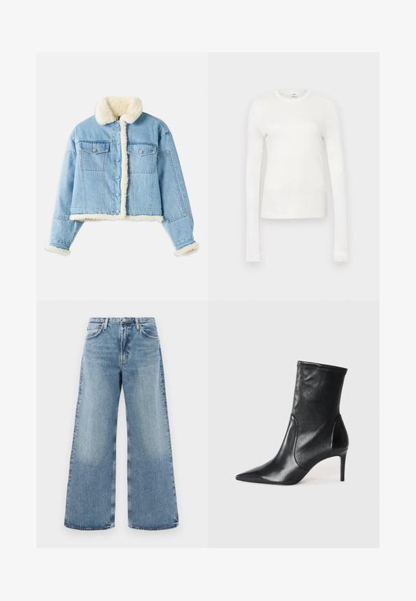 Veste en denim bleu clair avec doublure en sherpa blanche au col, aux poignets, à l'avant et à l'ourlet, dotée d'une fermeture à boutons et de poches à rabat sur la poitrine.; T-shirt à manches longues blanc en coton doux. Il présente un col rond, une silhouette ajustée et une texture lisse. Pas de motifs ni d'accents.; Jean large en denim bleu clair avec taille haute, design traditionnel à cinq poches, coutures visibles et finition à bord brut.; Bottes noires à la cheville en cuir lisse, dotées d'un bout pointu, d'un tige ajustée et d'un talon haut fin. Design minimaliste sans quincaillerie visible.