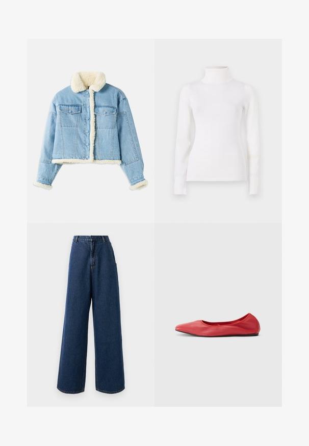 Veste en denim bleu clair avec doublure en sherpa blanche au col, aux poignets, à l'avant et à l'ourlet, dotée d'une fermeture à boutons et de poches à rabat sur la poitrine.; Pull en col roulé blanc, taille ajustée, manches longues, texture douce, tissu lisse, detailing minimal, poignets et col côtelés.; Jean taille haute à jambes larges en denim bleu foncé avec fermeture à bouton et à zip à l'avant, passants de ceinture et poches latérales.; Filippa K REY FLATS - Ballerines - bright red