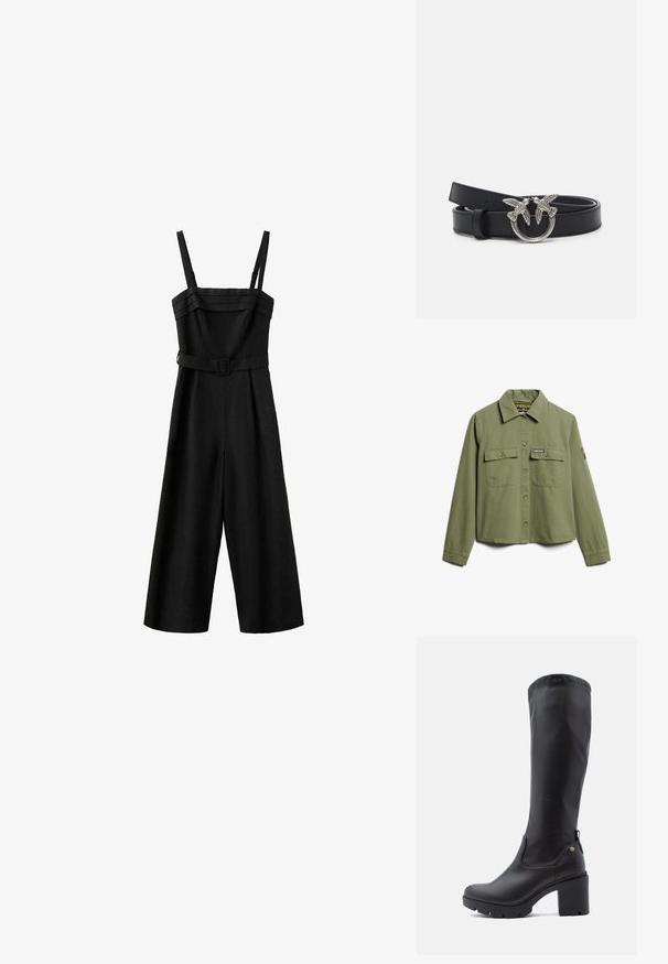 Veste légère verte en coton avec un devant à boutons, deux poches poitrine et un col vintage.; Combinaison noire sans manches avec jambes larges, bretelles réglables, plis horizontaux sur la poitrine et ceinture en tissu assortie avec boucle carrée.; Bottes noires montantes en cuir lisse avec un bout carré, un talon épais et une semelle en caoutchouc texturé. Présente un détail de logo discret.; Ceinture en cuir noir avec une boucle circulaire argentée ornée de deux accents d'oiseaux. La boucle présente des gravures détaillées sur les oiseaux.