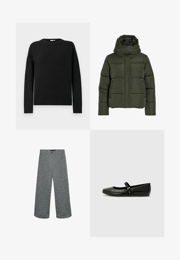 Puffet, olivengrøn jakke med høj krave og hætte. Har vandret syninger, sidelommer og lynlås lukning foran.; Sorte langærmede crewneck trøje med ribbede manchetter og kant, vist på en ensfarvet lys grå baggrund.; Bukser med vide ben i et tekstureret gråt strikket stof. Har en høj talje og lige ben, hvilket giver en afslappet pasform hele vejen.; Sorte læder balletflade med rund tå, flad sål og en tynd justerbar rem over svangen med en metalspænde.