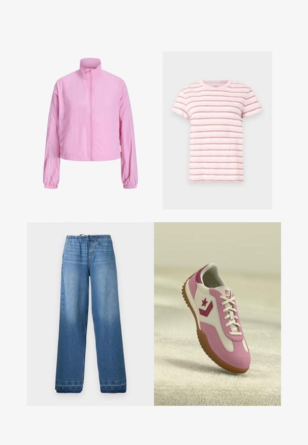 Lichtroze jas met rits, hoge kraag, lange mouwen, elastische manchetten en witte biezen langs de schouders en mouwen.; Roze-witte T-shirt met korte mouwen, dunne horizontale bruine strepen, ronde hals en een casual pasvorm.; Blauwe denim wijde broek met elastische tailleband en trekkoorden, met licht vervaagde plekken en gestikte zomen.; Roze en witte sneaker met rubberen, gestructureerde zool. Bevat een sterlogo en contrasterende accenten. Glad bovenwerk met vetersluiting.