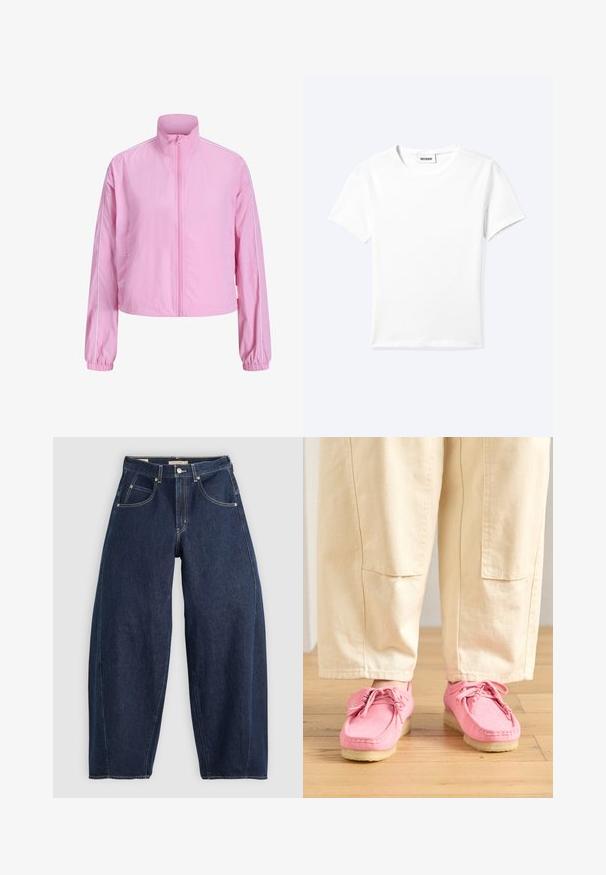 Lyserød lynlåstrøje med høj krave, lange ærmer, elastiske manchetter og hvide kanter langs skuldre og ærmer.; Ensfarvet hvid t-shirt med korte ærmer og rund halsudskæring med en lille "WEEKDAY" label indeni halskanten, vist fladt på en lys baggrund.; Mørkeblå denim jeans med løs pasform, lyse syninger, fem lommer og en knaplukning ved taljen.; Lyserøde ruskinds mokkasiner med snørebånd, med en struktureret overflade og en lys beige gummisål, parret med beige bukser.