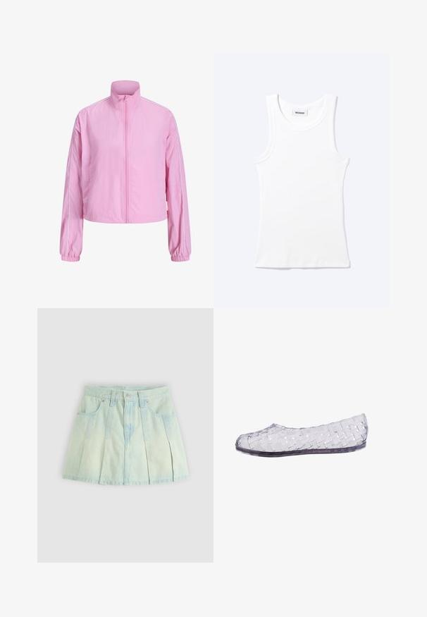 Veste rose clair zippée avec col montant, manches longues, poignets élastiques et passepoil blanc le long des épaules et des manches.; Débardeur blanc côtelé sans manches avec encolure ronde et une petite étiquette indiquant "WEEKDAY" à l'intérieur du col.; Jupe en denim bleu clair avec un design plissé, dotée d'une taille, d'une fermeture à boutons sur le devant et de deux poches latérales.; Chaussure plate transparente avec des brides en plastique tissé et un bout fermé, conçue pour un usage décontracté.