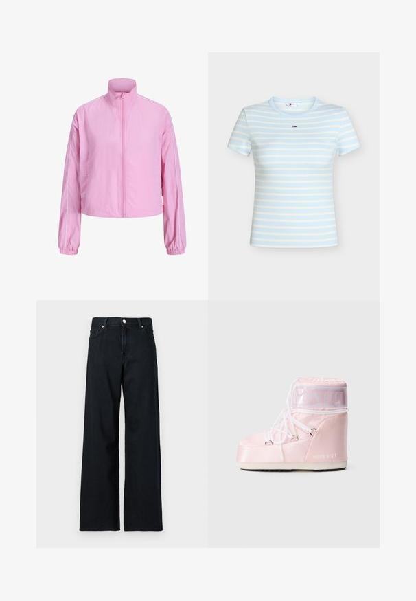 Veste rose clair zippée avec col montant, manches longues, poignets élastiques et passepoil blanc le long des épaules et des manches.; T-shirt à manches courtes rayé horizontal bleu clair et blanc avec un petit logo sur la poitrine et un col rond.; Jean large en denim foncé, avec une fermeture à bouton, cinq poches et des coutures visibles. Le matériau semble robuste avec une texture lisse.; Bottines Moon Boot rembourrées roses avec des lacets blancs enroulés, semelle épaisse et bande transparente avec le texte "Moon Boot" près du haut.