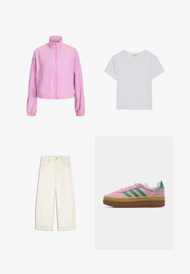 Lyserød lynlåstrøje med høj krave, lange ærmer, elastiske manchetter og hvide kanter langs skuldre og ærmer.; Hvid kortærmet V-hals t-shirt lavet af ribbet stof. Har et rent design med en lige kant og minimal detaljer.; Off-white vidde ben jeans med frontlommer, bæltestropper, knaplukning og synlige syninger på hvid baggrund.; Lyserøde ruskindsneakers med grønne striber, hvide accenter og en brun gummisål. Har tekstureret stof og logodetaljer på siden.