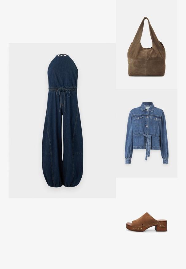 Blå denimjakke med tilpasset talje, lange puffede ærmer, to brystlommer og frontlukning med knapper. Har en snøre i taljen.; Mørkeblå denim ærmeløs jumpsuit med halterneck, elastisk talje med bindebånd, vide ben og rynkede kanter.; Brune ruskind hæl-sandal med en bred strop og udskæringsdetalje, prydet med messing-nagle accenter og en træblokhæl.; Brun ruskinds hobo taske med én skulderrem, blød tekstur og en rund form. Har en søm tværs over midten for ekstra detalje.