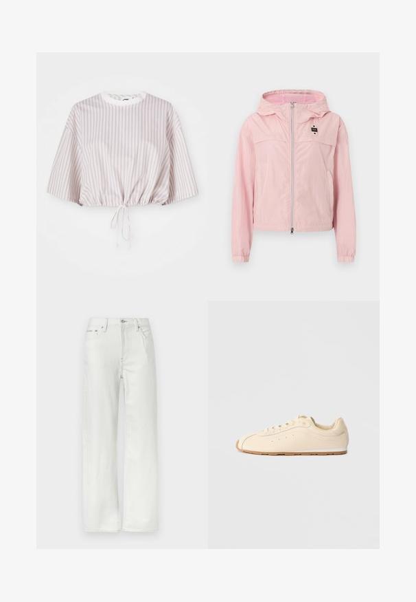 Lyserød hættejakke med lynlås foran, elastiske ærmekanter, netfor i hætten og et lille sort mærke på brystet.; Kortærmet cropped top i lys lavendel med hvide vertikale striber. Har snoretræk i kanten for justerbar pasform.; Hvide jeans med lige ben, for- og baglommer, bæltestropper, knaplukning og synlige syningsdetaljer.; Beige sneakers lavet af glat læder med en rund tå, flad gummisål og minimalistisk design med diskret syninger og perforeringer.