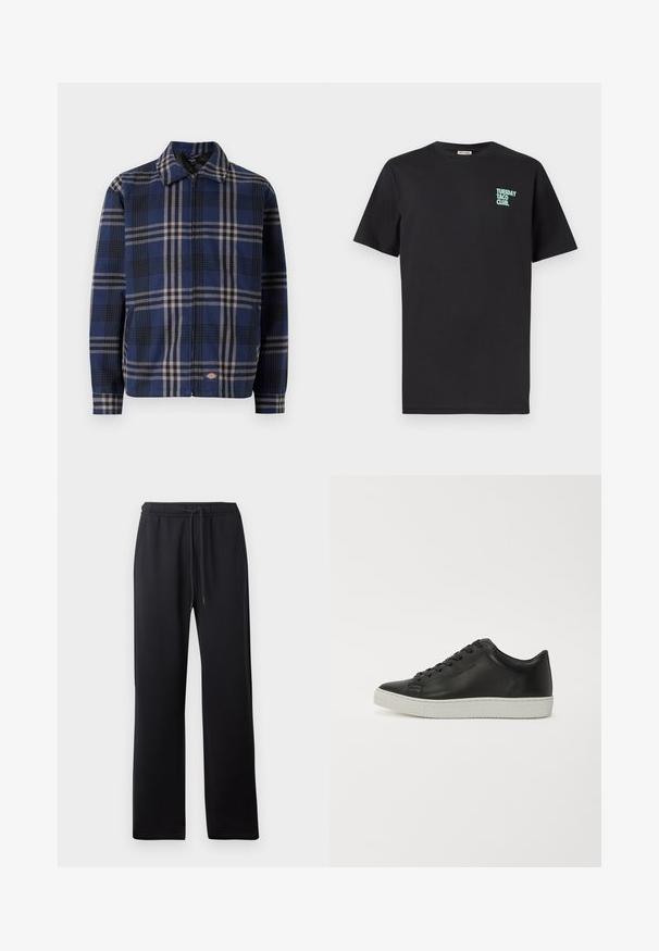 Veste à carreaux dans des tons marine, noir et beige. Dotée d'un col, d'une fermeture éclair à l'avant et de poignets élastiques avec un logo sur le côté inférieur.; T-shirt noir à manches courtes avec col rond, portant un petit texte bleu clair « TUESDAY TACO CLUB. » sur le côté gauche de la poitrine.; Abercrombie & Fitch ESSENTIAL BAGGY OPEN HEM CASUAL - Pantalon de survêtement - black; Baskets en cuir noir avec un bout rond, semelle plate en caoutchouc blanc et lacets à six œillets. Texture lisse, style minimaliste.