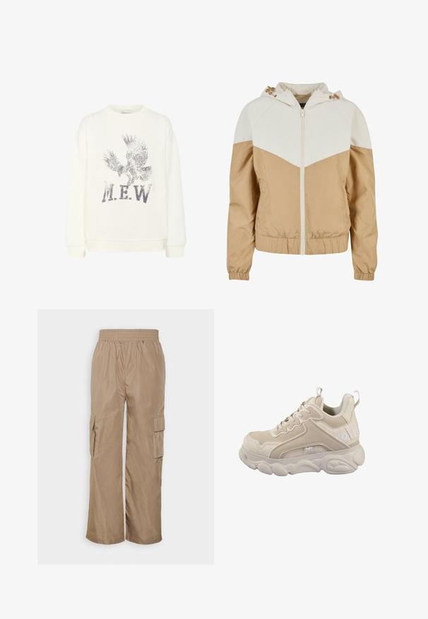 Farveblokeret jakke i creme og beige med hætte, lynlåslukning, elastiske manchetter og en let tekstureret overflade.; My Essential Wardrobe MWDIEGO EAGLE Sweatshirt - Sweatshirt - snow white; Even&Odd by Zalando Cargobukser - beige; Beige sneakers med en kombination af glat læder og strukturerede paneler, med en polstret sål, snørebånd og en brandingdetalje på siden.