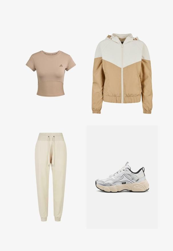 Kleurblokjasje in crème en beige, met een capuchon, ritssluiting aan de voorkant, elastische manchetten en een licht gestructureerd oppervlak.; Beige sportieve cropped t-shirt met korte mouwen, geribbelde onderzijde en subtiele logo op de borst. Soepele textuur, aansluitend ontwerp.; Lichtbeige joggerbroeken van zacht materiaal, met een geribbelde tailleband, een trekkoord en elastische boorden bij de enkels.; Witte sportschoen met mesh- en synthetische panelen, zilveren accenten, een chunky crèmekleurige zool en contrasterende zwarte details. Voorzien van een vetersysteem.