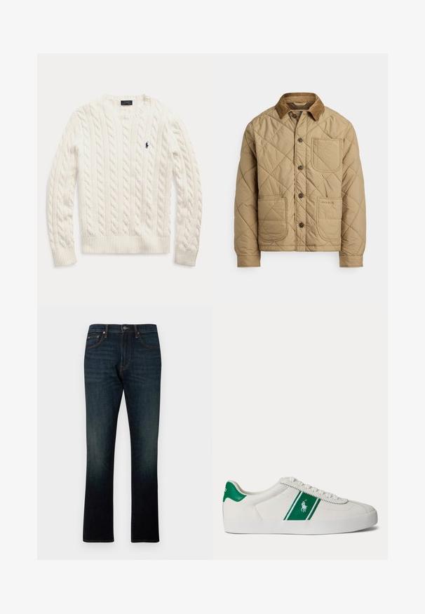 Veste matelassée beige avec un col en velours côtelé, dotée de poches avant, de boutons marron et d'un logo brodé sur la poche inférieure.; Pull blanc à manches longues en maille torsadée, col rond et petit logo Polo Ralph Lauren bleu foncé sur la poitrine gauche.; Jean denim bleu foncé à jambe droite avec cinq poches et coutures orange, présenté à plat sur fond blanc.; Baskets basses blanches avec une bande verte et le logo Polo sur le côté, languette de talon verte et lacets blancs, vues de côté gauche sur fond uni.