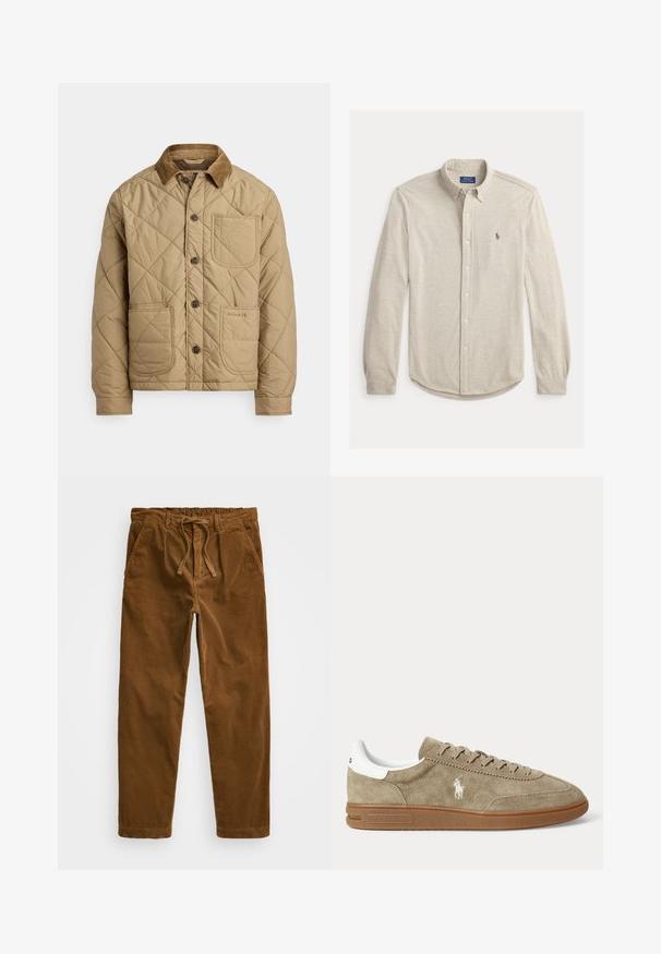 Beige gesteppte Jacke mit Cordkragen, vorne mit Taschen, braunen Knöpfen und einem gestickten Logo auf der unteren Tasche.; Hellgraues Langarmhemd aus weichem Stoff mit Knopfleiste. Verfügt über einen klassischen Kragen, einen abgerundeten Saum und ein kleines Logo auf der Brust.; Braune Cordhosen mit einem elastischen Bund und Zugband, seitlichen Taschen und geraden Beinen mit strukturiertem Rippenmuster.; Beiger Wildleder-Sneaker in niedrigem Schnitt mit brauner Sohle, weißem Fersendetail, Schnürsenkeln und weißem, seitlich gesticktem Polo-Spieler-Logo.